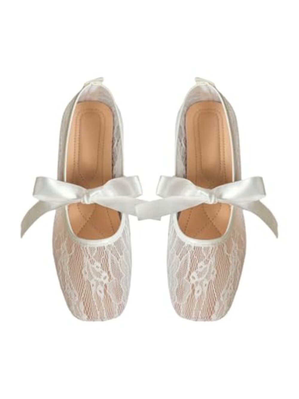 Floral Lace Mesh Ballet Flats Comfortable Square Toe Bow Dressy Shoes